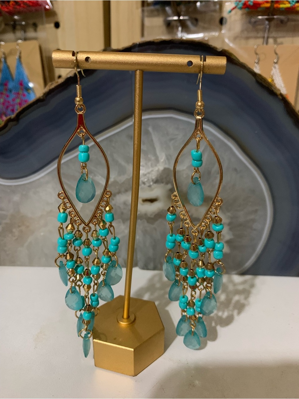 Source Unknown Gold and Turquoise Beaded Chandelier Earrings